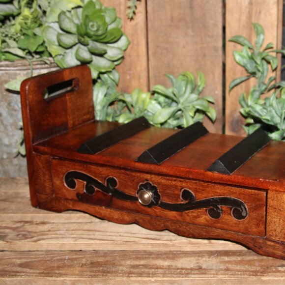 Pier One Imports Wooden Carved Counter Top Wine Rack with Drawer Storage - Picture 4 of 8